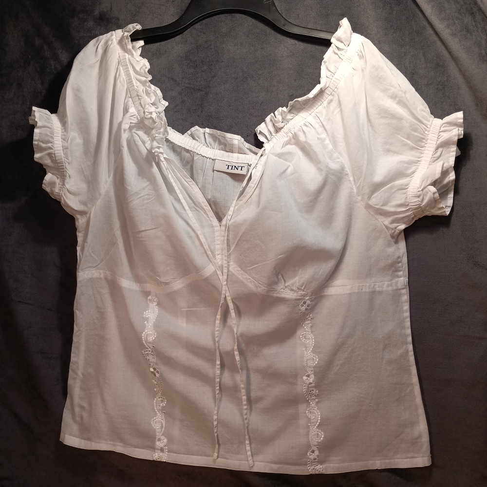 Women's Ruffled Front Tie White Blouse. Thin Cotton. Size L. Bar Maid, Cos Play
